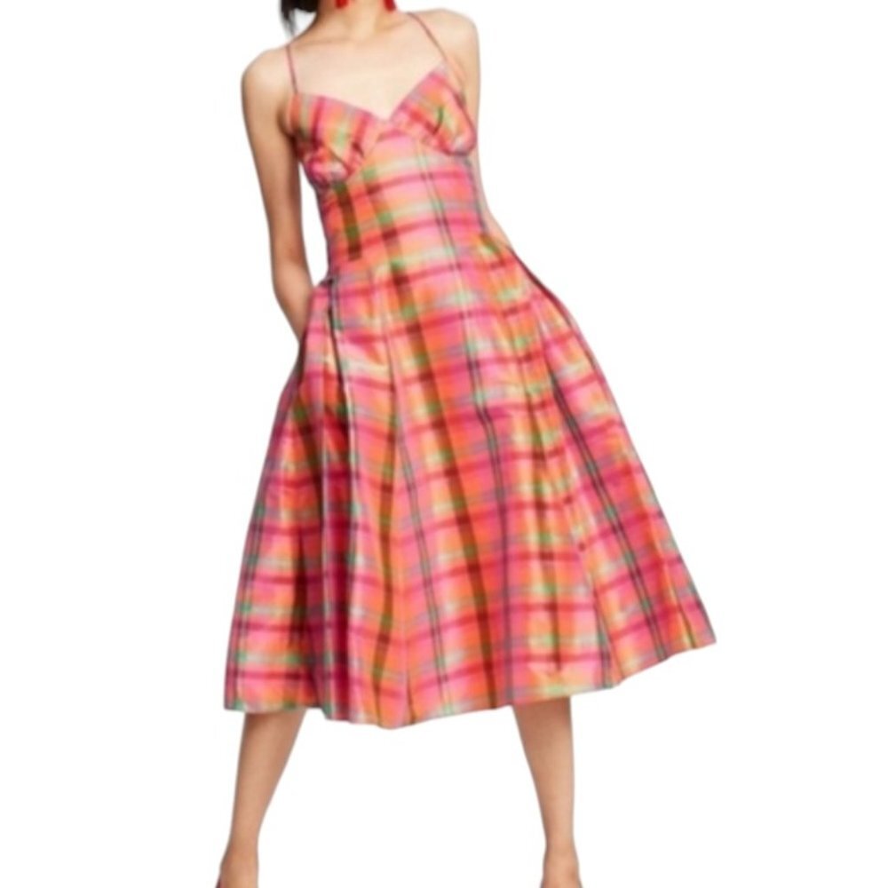 Isaac Mizrahi NWT Plaid Sleeveless V-Neck Silk Dress I Size: XS